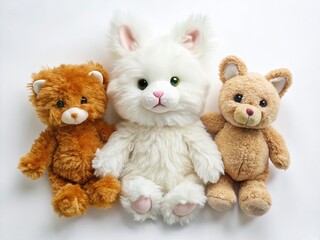 Obraz premium Adorable Plush Toys: Cat, Rabbit, & Bear on White Background - High-Resolution Aerial Stock Photo