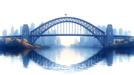 Fototapeta premium Iconic steel arch bridge over calm water, reflecting city skyline at dawn.