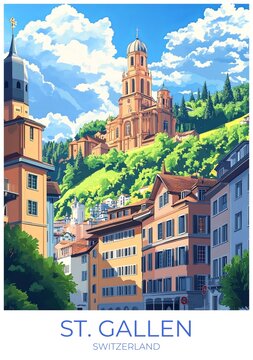 St. gallen Switzerland Travel Poster Flat Illustration Print Decor Gift Canvas Wall Art Gift