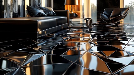 A futuristic semigloss triangular tile design with 3D black block structures