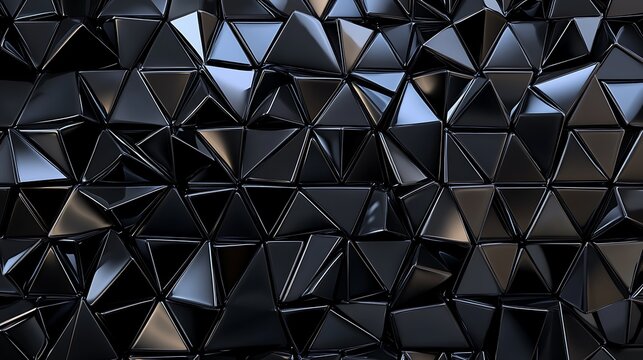 A polished triangular tile wall with black blocks creating a sophisticated 3D texture