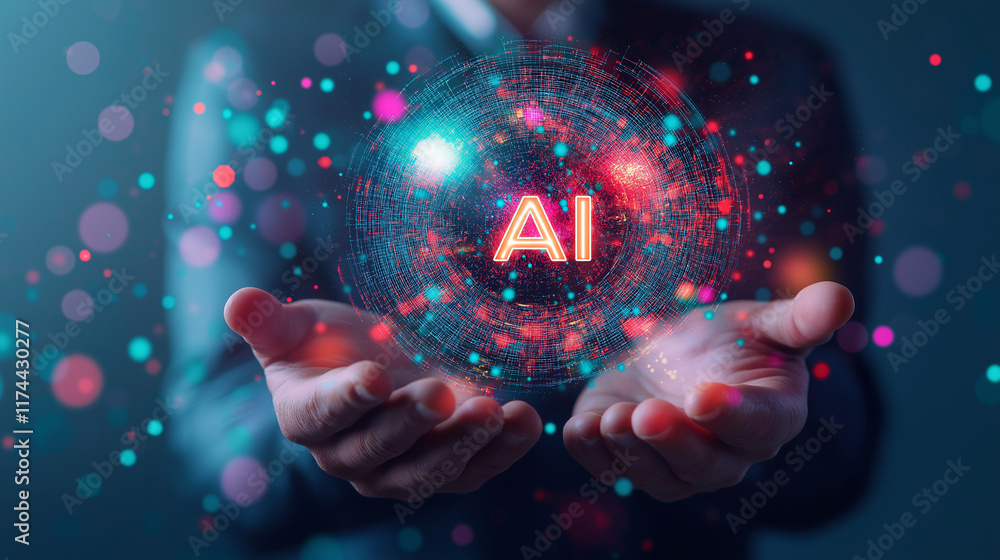 Poster ai in the palm of your hand: a futuristic concept of artificial intelligence, represented by a glowi