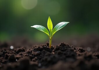 Green seedling emerges from dark soil under soft sunlight in nature
