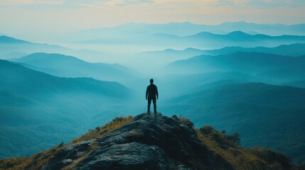 Fototapeta premium A lone traveler stands at the peak of a mountain, symbolizing the success of embarking on a journey of self-discovery, with vast landscapes stretching below.