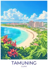 Tamuning Guam Travel Poster Flat Illustration Print Decor Gift Canvas Wall Art Gift