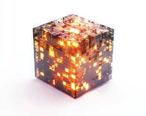 Obraz premium A glowing cube made of shimmering blocks, radiating warm light and captivating designs.