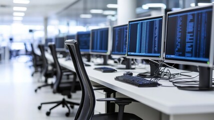 A modern office space featuring multiple computer workstations with monitors displaying data, highlighting a tech-oriented work environment.