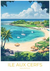 Ile aux cerfs Mauritius Travel Poster Flat Illustration Print Decor Gift Canvas Wall Art Gift