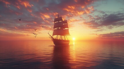 Fototapeta premium A ship setting sail at dawn, with the horizon glowing, symbolizing success and the embarking journey towards dreams, with seagulls flying in the background