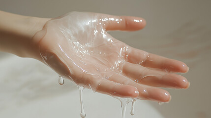 Fototapeta premium Back of a hand with light liquid layer, white-skinned fingers slightly spread, minimalist scene.