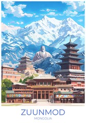 Fototapeta premium Zuunmod Mongolia Travel Poster Flat Illustration Print Decor Gift Canvas Wall Art Gift