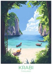 Krabi Thailand Travel Poster Flat Illustration Print Decor Gift Canvas Wall Art Gift