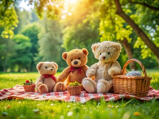 Adorable Teddy Bear Picnic: Macro Photography of Plush Toys in Lush Green Park