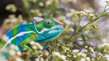 Fototapeta premium Macro shot of a colorful chameleon blending with its surroundings