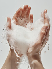 Fototapeta premium Hands washing with facial foam, much foam, white background,
