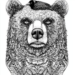 Intricate Black and White Bear Illustration with Bird on Head Surrounded by Floral Elements