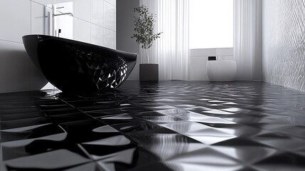 A futuristic semigloss triangular tile design with bold black 3D blocks and dynamic patterns