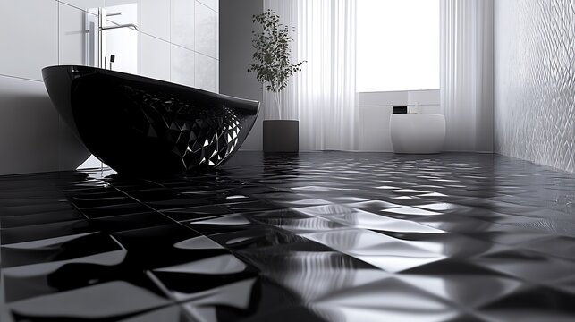A futuristic semigloss triangular tile design with bold black 3D blocks and dynamic patterns