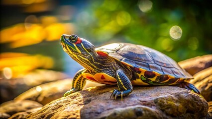 Fototapeta premium Adorable Turtle Sunbathing on a Rock - Peaceful Wildlife Scene