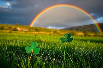Naklejka premium rainbow over green field st patrick day background