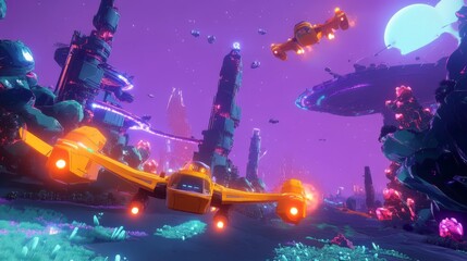 Neon Cityscape with Flying Vehicles in Futuristic Setting