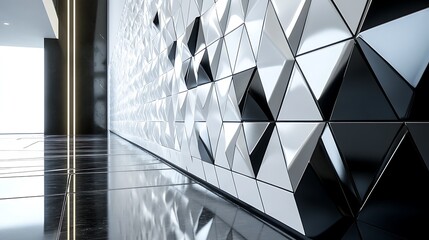 A futuristic triangular tile wall with polished semigloss finishes and black block elements