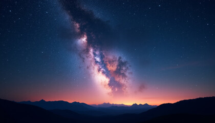 Fototapeta premium A breathtaking view of the Milky Way galaxy arching over a range of silhouetted mountains during a vibrant sunset.
