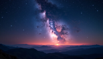 Fototapeta premium A breathtaking panoramic view of the Milky Way galaxy arching over a silhouetted mountain range at sunrise, displaying vibrant colors across the sky.