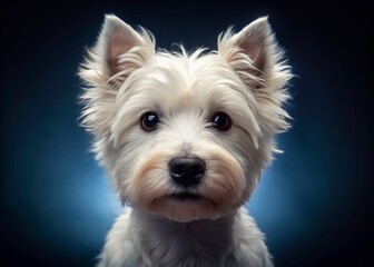 Adorable West Highland White Terrier Puppy Close-Up Studio Shot on Dark Blue Background