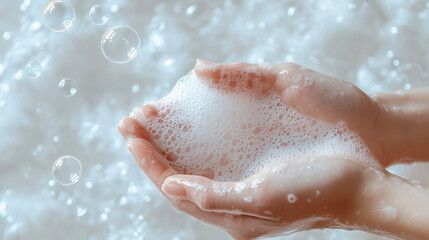 Fototapeta premium Hand Holding White Soap Bubbles with Clean White Soap Background for Hygiene and Skincare Concepts
