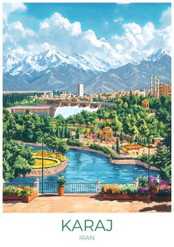 Karaj Iran Travel Poster Flat Illustration Print Decor Gift Canvas Wall Art Gift
