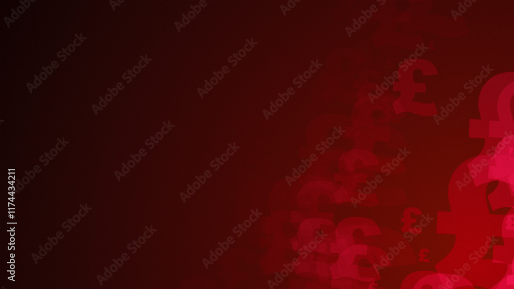 Poster red pound symbol shapes are moving from the bottom right of a gradient grid abstract background, hor