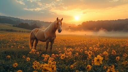 Serenity of morning fog created beautiful landscape in country with horses