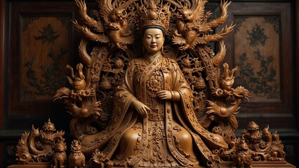 Fototapeta premium A majestic wooden carving of Empress Dowager Cixi, depicted with a phoenix crown, surrounded by carved dragons, lotus flowers, and imperial seals.