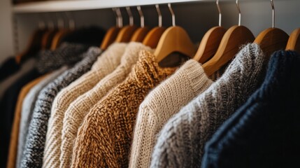 Fashionable clothes hanging in a minimalist closet, with clean lines and neutral tones, showcasing modern simplicity and elegance.