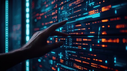 A hand interacts with a futuristic digital interface, showcasing vibrant data streams and technological elements in a dark environment.