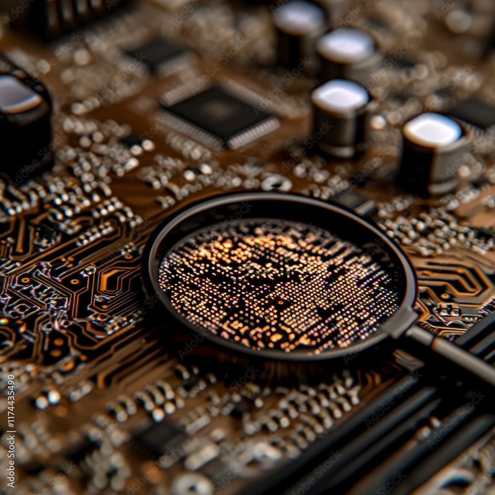 Poster magnifying glass on microchip data analysis cpu technology circuit board