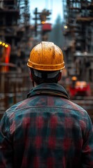 Obraz premium Close-up Photo: Worker Carefully Surveying Industrial Site at Dusk. AI Generated