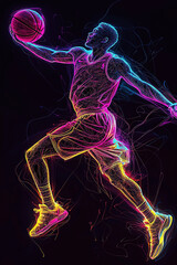 Dynamic Neon Outline of a Basketball Player in Midair Action Pose