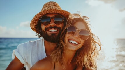 Fun-loving hipster friends on the beach, piggyback rides and laughter, as they enjoy a carefree, exciting day by the water, radiating joy and friendship.
