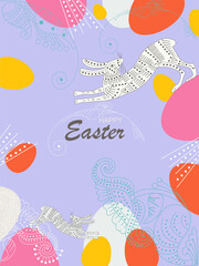 Happy Easter  banner, greeting cards, posters, holiday covers. Trendy design with hand painted plants, dots, eggs and bunny, in pastel colors. Modern art minimalist style. Eps 10. Vector illustration.