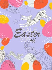 Happy Easter  banner, greeting cards, posters, holiday covers. Trendy design with hand painted plants, dots, eggs and bunny, in pastel colors. Modern art minimalist style. Eps 10. Vector illustration.