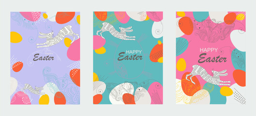 Happy Easter  banner, greeting cards, posters, holiday covers. Trendy design with hand painted plants, dots, eggs and bunny, in pastel colors. Modern art minimalist style. Eps 10. Vector illustration.