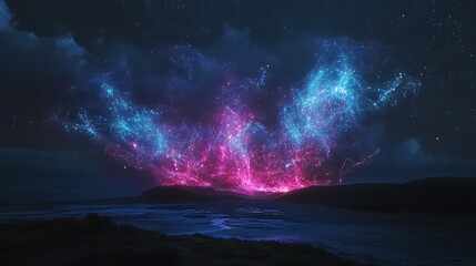 Fototapeta premium Pulsating neon fractals morphing into celestial structures under a dark sky