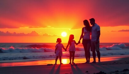 Fototapeta premium Family Sunset Beach , Glowing Red Sky , Silhouetted Figures