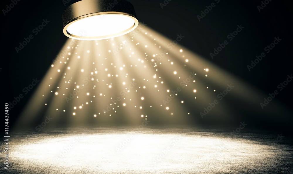 Poster a spotlight illuminates a dark space with sparkling particles, creating a magical effect.
