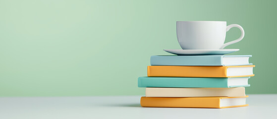 Cozy stack of colorful books with cup on top, perfect for reading