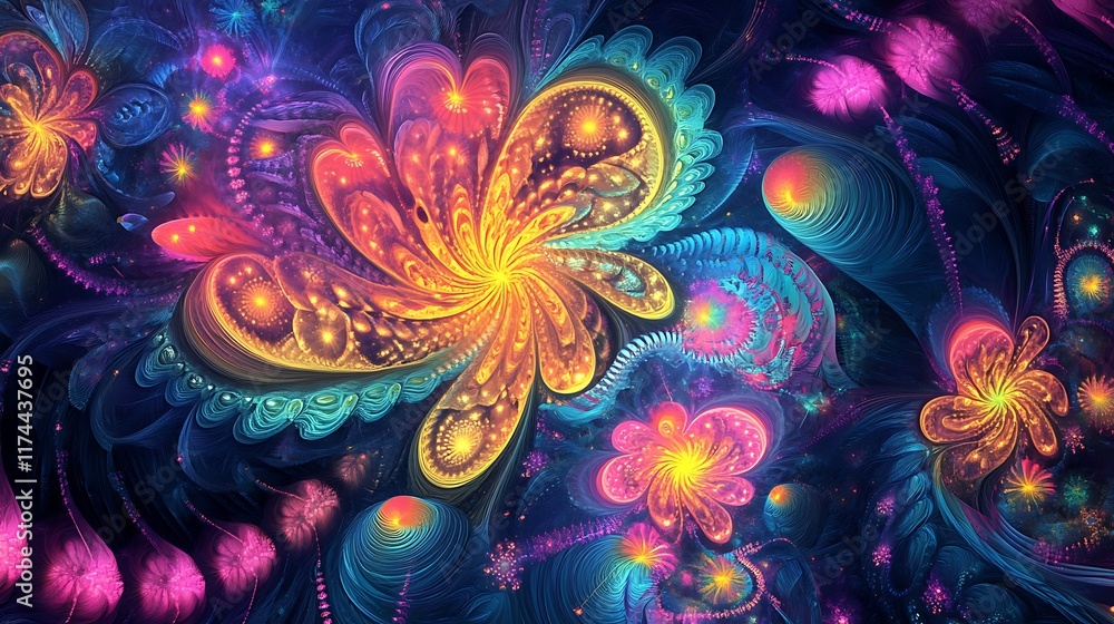 Wall mural pulsating neon fractals converging into a radiant celestial point