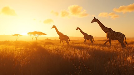 African Sunset: Giraffes Silhouetted Against Golden Sky