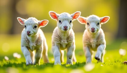 Fototapeta premium Three Cute Lambs Running In Green Meadow, Baby Sheep, Farm Animals